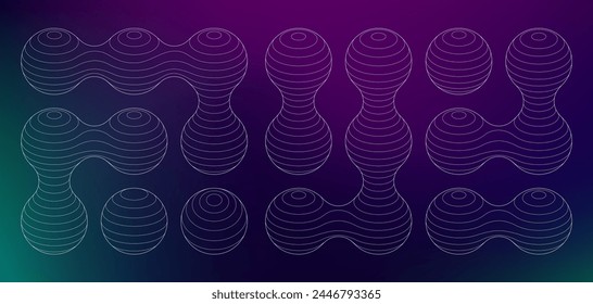 Memphis style abstract circle connected spheres. Transparent bacteria model or chemistry elements morphing mesh science pattern. Metaball model orbiting set