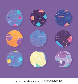 banner geométrico creativo abstracto de estilo memphis, conjunto en forma redonda ilustración vectorial