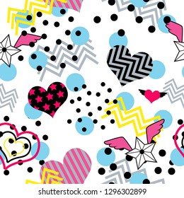 Memphis style abstract pattern with colorful hearts, zigzags, dots and stylized wings