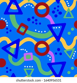 Memphis style abstract pattern with triangles, circles, wavy lines, dots on blue. For textiles, background, Wallpaper, packaging paper, fabric.