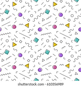 Memphis style. Abstract seamless geometric pattern with lines, circles, triangles and squares. Vector hipster Illustration.