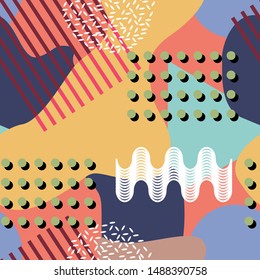 Memphis style abstract seamless pattern. Geometric shapes. Colorful seamless background. Creative Memphis style geometric shapes background.