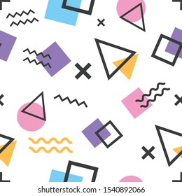 Memphis style. Abstract seamless pattern with simple geometric elements shapes  for print on textile or paper.