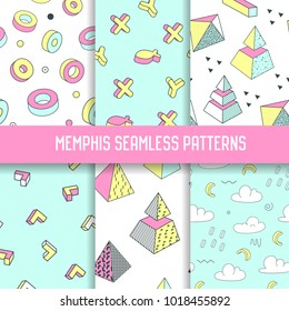 Memphis Style Abstract Seamless Patterns Set with Geometric Elements. Funky Hipster 80s-90s Fashion Backgrounds for Wallpaper, Posters, Fabric. Vector illustration