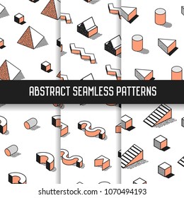 Memphis Style Abstract Seamless Patterns Set with Geometric Elements. Funky Hipster 80s-90s Fashion Backgrounds for Wallpaper, Posters, Fabric. Vector illustration