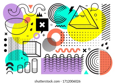 Arte vectorial abstracto de estilo Memphis. Tonos medios, geométricos y formas planas de color claro sobre fondo blanco. Tendencia del diseño de los años 80-90. Ilustración vectorial.