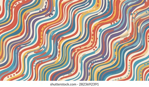 Memphis style abstract wavy pattern with colorful diagonal curved lines, dots, and stripes. Retro geometric background featuring red, yellow, blue, and purple tones in a playful layout.
