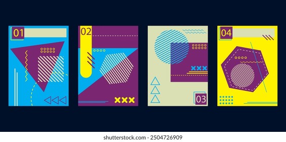 Memphis style background abstract brochure book covers set in modern minimalist geometric design. templates with circle, triangle, hexagonal and squares shapes elements composition