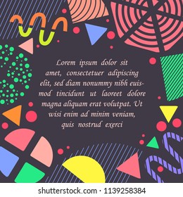 Memphis Style Background with Copy Space. Bright Abstract Background with Geometric Shapes and Patterns. Trendy Fashion 80s-90s. Perfect for Ad, Invitation, Presentation Header, Page, Cover.