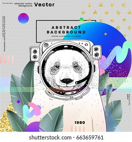 Memphis style background with cosmonaut bear, golden glitters and geometric patterns. 80s retro minimalistic style vector illustration for posters, placards, banners, covers and brochures.