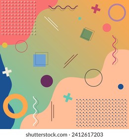 Antecedentes de estilo memphis, portada o afiche creativo colorido en un estilo geométrico minimalista a la moda, para fondo, identidad corporativa, marca, publicidad en medios sociales, promoción. Plantilla moderna con dynam