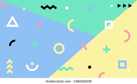 Memphis style background design with geometric abstract shapes compositions suitable for cover, magazine, leaflet, poster.