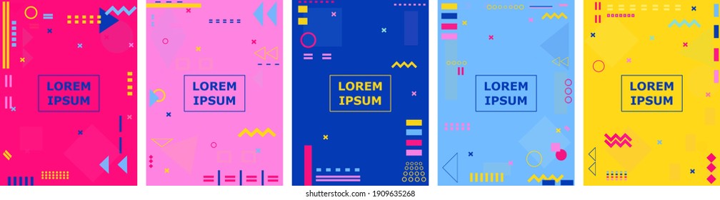 Memphis style background set. Colorful pop art vector illustrations. Creative bright trendy banners collection