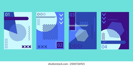Memphis style background templates with circle, triangle, hexagonal and squares shapes elements composition, abstract brochure book covers set in modern minimalist geometric design