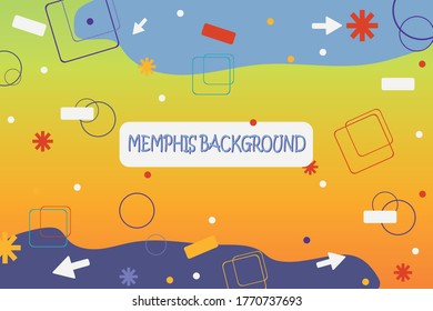 Fondo de estilo memphis con colores vivos y vivos: azul, naranja, amarillo con elementos de flechas, círculos y cuadrados.