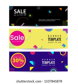 Memphis style Banner Design Set of Colorful templates with geometric shapes, Patterns .