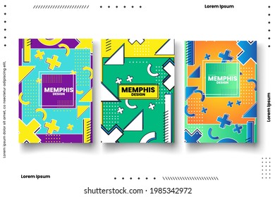 Banner Design Set mit farbigen Vorlagen im Memphis-Stil mit geometrischen Formen, Muster Hipster Fashion 80s-90er. Perfekt für Präsentationsleiter, Page, Cover, Vektorgrafik