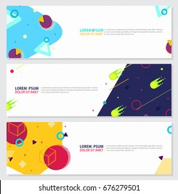 Memphis style Banner Design Set of Colorful templates with geometric shapes, Patterns Trendy Fashion 80s-90s. Perfect for Ad, invitation, presentation Header, Page, Cover, Isolated Vector illustration