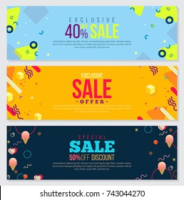 Memphis style Banner Design Set of Colorful templates with geometric shapes, Patterns Trendy Fashion 80s-90s. Perfect for Ad, invitation, presentation Header, Page, Cover, Isolated Vector illustration