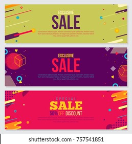 Memphis style Banner Design Set of Colorful templates with geometric shapes, Patterns Trendy Fashion 80s-90s. Perfect for Ad, invitation, presentation Header, Page, Cover, Isolated Vector illustration