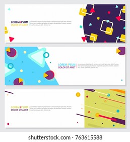 Memphis style Banner Design Set of Colorful templates with 3D shapes, Patterns Trendy Fashion 80s-90s. Perfect for Ad, invitation, presentation Header, Page, Cover, Isolated Vector illustration