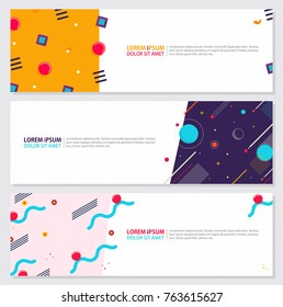 Memphis style Banner Design Set of Colorful templates with geometric shapes, Patterns Trendy Fashion 80s-90s. Perfect for Ad, invitation, presentation Header, Page, Cover, Isolated Vector illustration