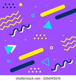 Memphis style banner template. 80-90s trendy fashion background with geometric shapes. Vector illustration. Poster, invitation, greeting card, cover design.