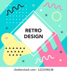 Memphis style banner template. 80-90s trendy fashion background with geometric shapes. Vector illustration. Poster, invitation, greeting card, cover design.