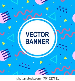 Memphis style banner template. 80-90s trendy fashion background with geometric shapes. Vector illustration. Poster, invitation, greeting card, cover design.