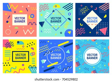 Memphis style banner templates collection. 80-90s trendy fashion background with geometric shapes. Vector illustration. Poster, invitation, greeting card, cover design.