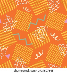 Memphis style beach party vector seamless pattern. Geometric shapes abstract background. Waffle style squares, zigzag and curly lines on orange backdrop. Funky scribble repeat for summer or vacation