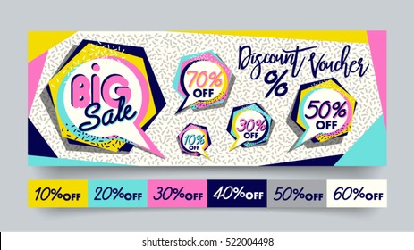 Memphis style Big Sale website banner template set. 80's, 90's style bright colorful vector for social media, posters, email, print, ads, promotional material. Yellow Pink Blue black and white