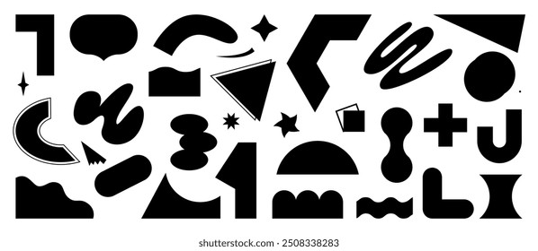 Memphis style brutalist geometry shapes silhouettes. Vector isolated set of rough grunge texture decorative elements for banners and typography. Brutal artworks, circles and stars basic forms