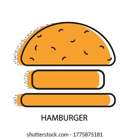 Memphis style burger icon with sesame seeds. Curved arc pattern. Minimalist modern trendy vintage vector illustration of junk food. Isolated on a white. Fast food delivery or takeaway.