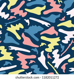 Memphis Style Camouflage Shapes Seamless Vector Pattern, Drawn Stylized Graphic Illustration for On Trend Fashion Prints, Retro Stationery, Graphic Decor, Gift Wrap, Gender Neutral Kids Background 