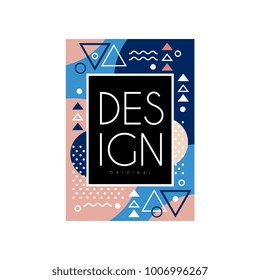 Memphis style card. Abstract pattern with different geometric figures. Place for text. Original vector design for banner, postcard, flyer or web site element