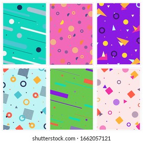 Memphis style cards. Collection of templates in trendy Memphis fashion 80-90s. For ad, greeting cards, presentation, cover design and more. Vector.