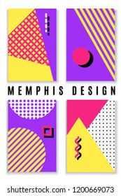 Memphis style cards Design Collection of Colorful templates with geometric shapes, patterns with trendy Memphis fashion 80s-90s. Perfect for ad, invitation, presentation Isolated Vector illustration