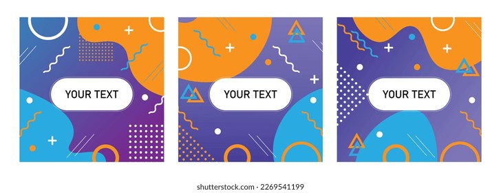 Memphis style cards Design Collection of Colorful templates with geometric shapes. Trendy Memphis fashion 80s-90s. Perfect for ad, invitation, presentation Isolated Vector illustration