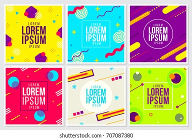 Memphis style cards Design Collection of Colorful templates with geometric shapes, patterns with trendy Memphis fashion 70s 80s 90s. Perfect ad, invitation, presentation Isolated Vector illustration