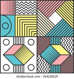Memphis style cards Design Collection of Colorful templates with geometric shapes, patterns with trendy Memphis fashion 80s-90s. Perfect for ad, invitation, presentation Isolated Vector illustration