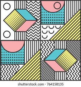 Memphis style cards Design Collection of Colorful templates with geometric shapes, patterns with trendy Memphis fashion 80s-90s. Perfect for ad, invitation, presentation Isolated Vector illustration