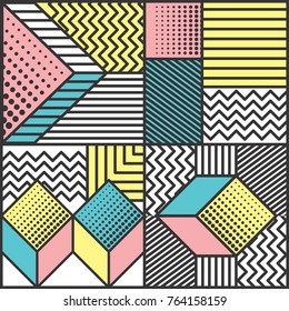 Memphis style cards Design Collection of Colorful templates with geometric shapes, patterns with trendy Memphis fashion 80s-90s. Perfect for ad, invitation, presentation Isolated Vector illustration