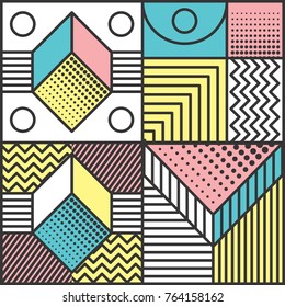 Memphis style cards Design Collection of Colorful templates with geometric shapes, patterns with trendy Memphis fashion 80s-90s. Perfect for ad, invitation, presentation Isolated Vector illustration