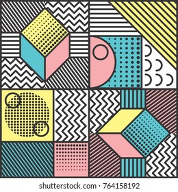 Memphis style cards Design Collection of Colorful templates with geometric shapes, patterns with trendy Memphis fashion 80s-90s. Perfect for ad, invitation, presentation Isolated Vector illustration