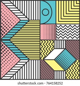 Memphis style cards Design Collection of Colorful templates with geometric shapes, patterns with trendy Memphis fashion 80s-90s. Perfect for ad, invitation, presentation Isolated Vector illustration