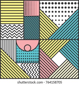 Memphis style cards Design Collection of Colorful templates with geometric shapes, patterns with trendy Memphis fashion 80s-90s. Perfect for ad, invitation, presentation Isolated Vector illustration