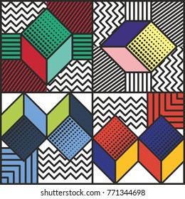 Memphis style cards Design Collection of Colorful templates with geometric shapes, patterns with trendy Memphis fashion 80s-90s. Perfect for ad, invitation, presentation Isolated Vector illustration