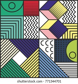 Memphis style cards Design Collection of Colorful templates with geometric shapes, patterns with trendy Memphis fashion 80s-90s. Perfect for ad, invitation, presentation Isolated Vector illustration