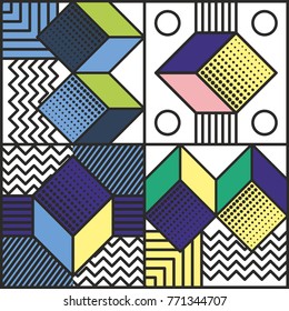 Memphis style cards Design Collection of Colorful templates with geometric shapes, patterns with trendy Memphis fashion 80s-90s. Perfect for ad, invitation, presentation Isolated Vector illustration